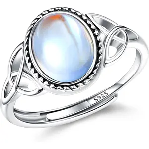 YADOCA Silver Moonstone Rings For Women Girl 925 Sterling Silver Open Adjustable CZ Rainbow Rings Vintage Celtic Triangle Ring, Handmade Oval Round Heart Ring Jewellery For Her With Gift Box