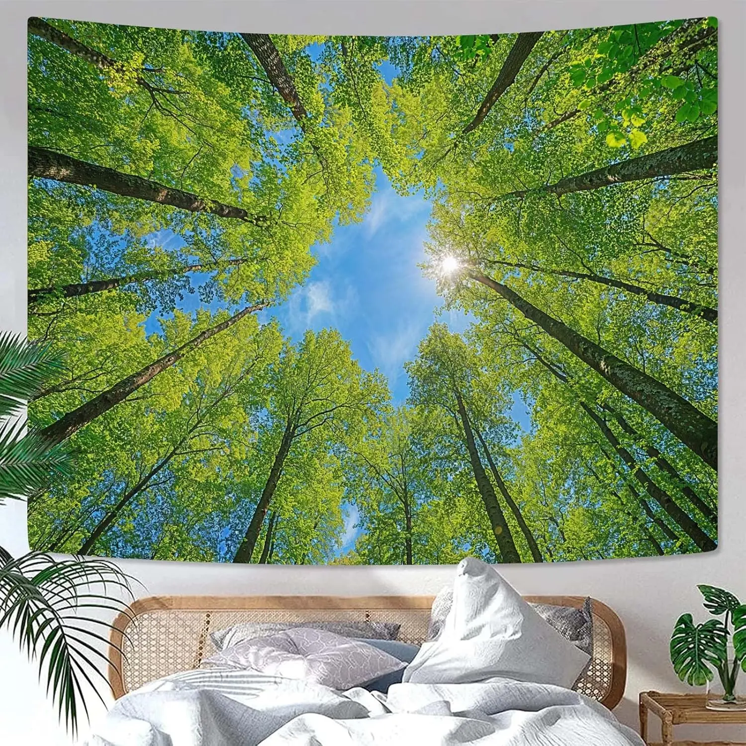 Nature Forest Tree Celling Tapestry Lush Green Treetops Sunlit Tapestry for Bedroom Aesthetic Sky Sunlight Canopy Leaves Landscape Tapestries Wall Hanging for Living Room Dorm Office 80 x 60 Inch