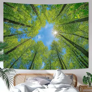 Nature Forest Tree Celling Tapestry Lush Green Treetops Sunlit Tapestry for Bedroom Aesthetic Sky Sunlight Canopy Leaves Landscape Tapestries Wall Hanging for Living Room Dorm Office 80 x 60 Inch