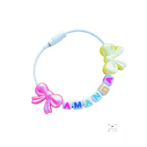 Custom Name Coquette Bow White Cable Ring Loop Bag Charm / White Stainless Steel Ring Loop Bag Charm Extender / Custom Cable Loop Beaded Bag Charm Extender / Fashion Accessory
