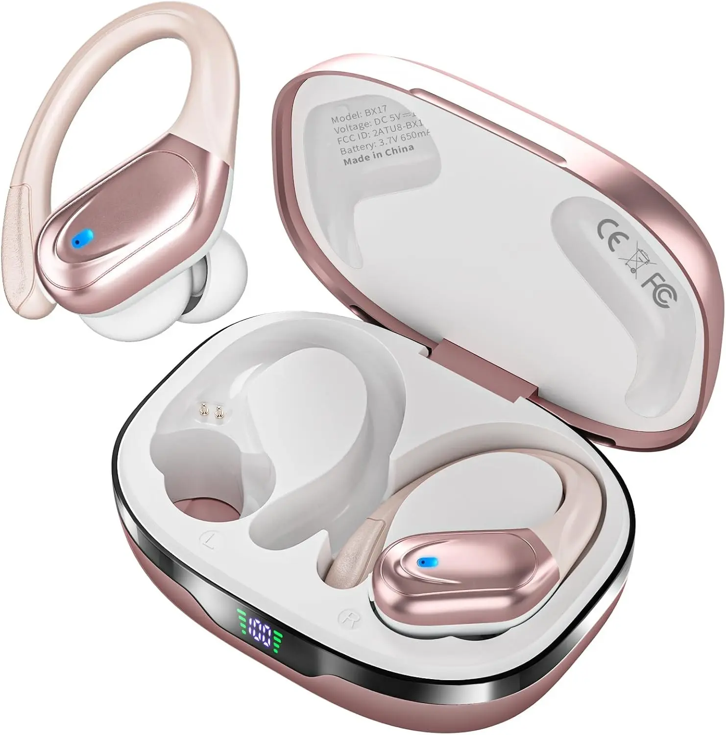 Rose Gold Sports Bluetooth Audio Headphones, 80Hrs Playtime Wireless Earbuds with LED Power Display, IPX7 Waterproof Noise-Canceling Earphones for Workout, Running Gift