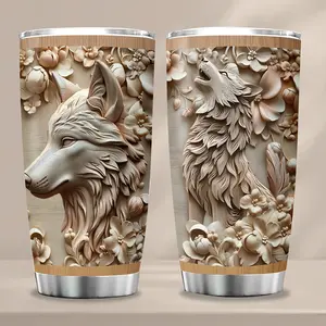 20Oz Stainless Steel Wood Grain Wolf Vacuum Insulated Coffee Thermal Cup - Kitchenware Drinkware Tumbler, Ideal Gift for Friends