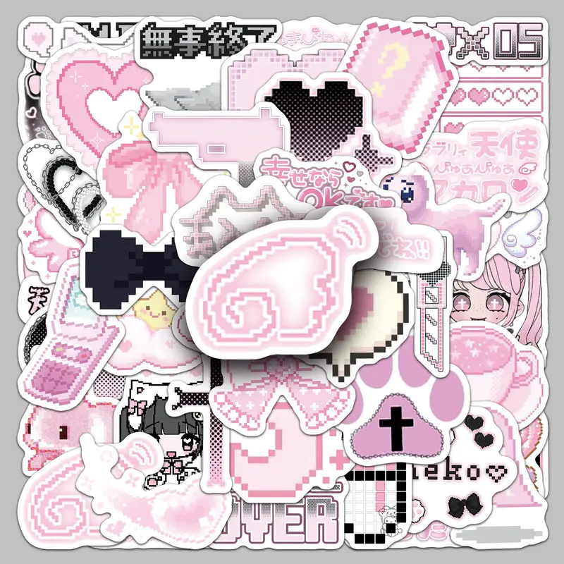 50PCS Pink Pixel Wind Cute Graffiti Series Stickers, Sticker Decals, Car Decoration Stickers, Cute Car Accessories, Suitable for Scrapbooks, Water Bottles, Cars, Etc., with Positive Messages As Gifts