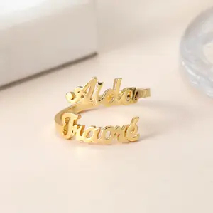 Custom Double First Name Finger Ring For Women Men Personalized Couple Family Gift Gold Color Stainless Steel Metal Jewelry