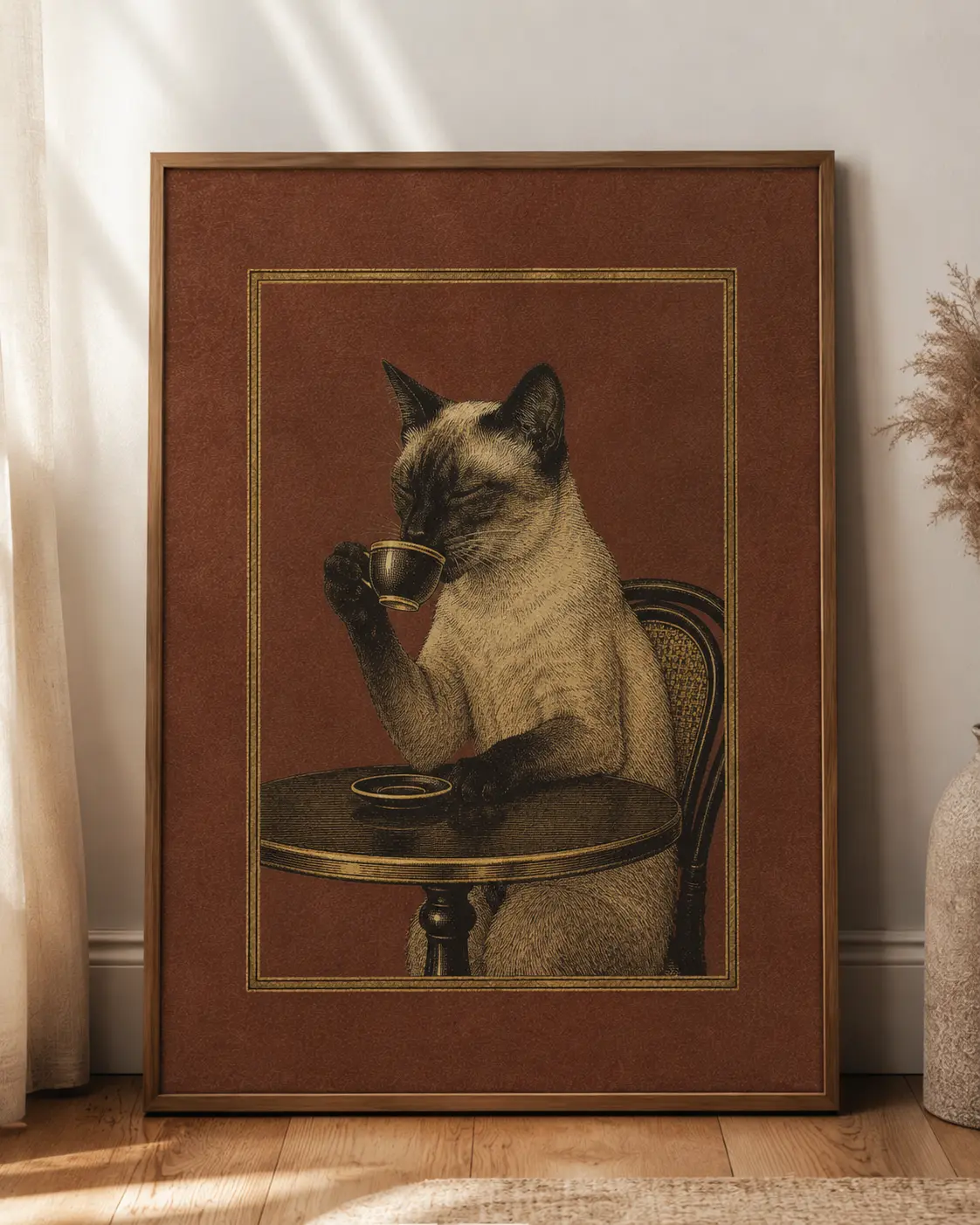 Cat Drinking Espresso Vintage Poster – Funny Coffee Wall Art No Frame