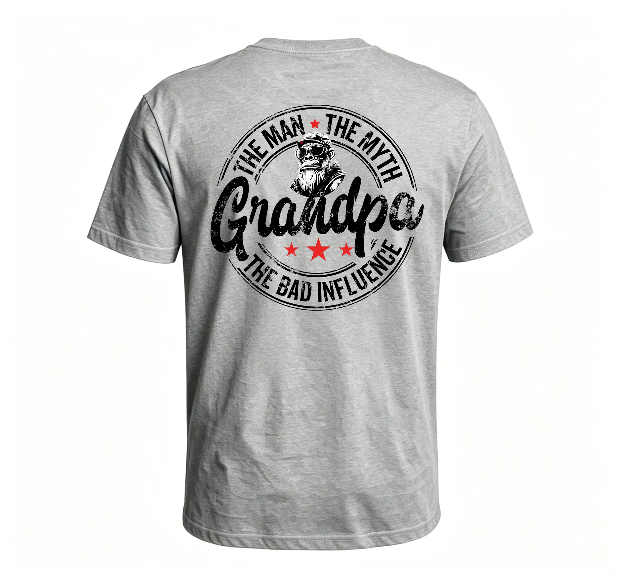 The Man The Myth Grandpa The Bad Influence Monkey T-shirt Fitted Short Sleeve Crew Neck Casual Rock Style Summer Medium Length 100% Cotton Made In USA