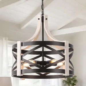 Farmhouse Chandelier for Dining Room, 5-Light Rustic Oak White Pendant Light with Adjustable Chain for Kitchen Island Living Room Foyer