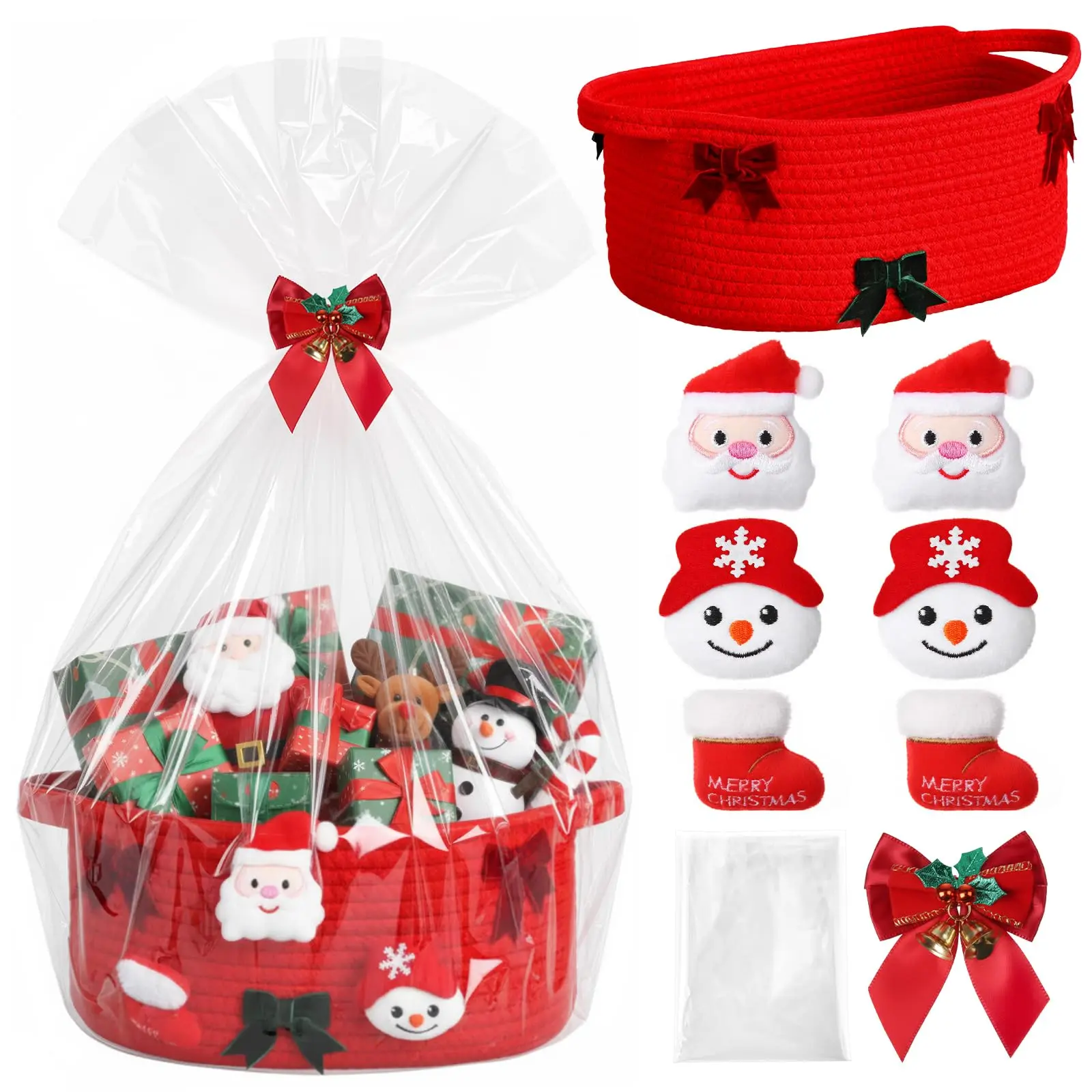 Christmas Gifts Baskets Set, 12"x 8"x 5" Small Woven Basket with Gift Bag Bow, Decorative Merry Christmas Burr Basket Organizer with Handle, Empty DIY Basket with Santa Claus Gingerbread  Brooches for Xmas Party Favor Holiday Festive  Home Storage