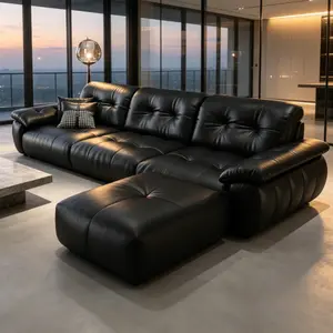 L-Shaped Button Tufted Top Grain Leather Sectional Sofa with Ottoman, Black Deep Seat Chaise Lounge Couch, Modern Luxury Living Room Furniture