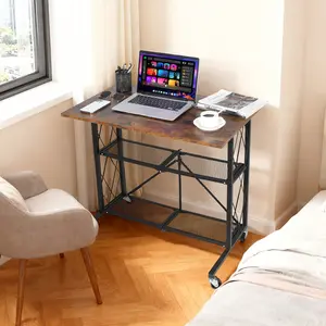 3-Tier Foldable Desk & Storage Shelf on Wheels, 31.5 Inch Versatile Metal Wire Organizer, Large Capacity, No Assembly Rolling Cart for Study Room, Kitchen, Balcony