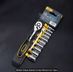 Deluxe Ratchet Socket Wrench Set 12pcs - Multifunctional with 1/2, 3/8, 1/4 Inch Sizes, 10pcs Metric Sockets (4-13mm), Quick-Release Handle and Telescopic Bar - Ideal for Home Improvement and Maintenanc