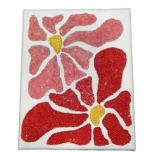 Wavy Flowers Rhinestone Canvas - Vibrant Red & Pink Rhinestones on White Canvas for Wall Decor