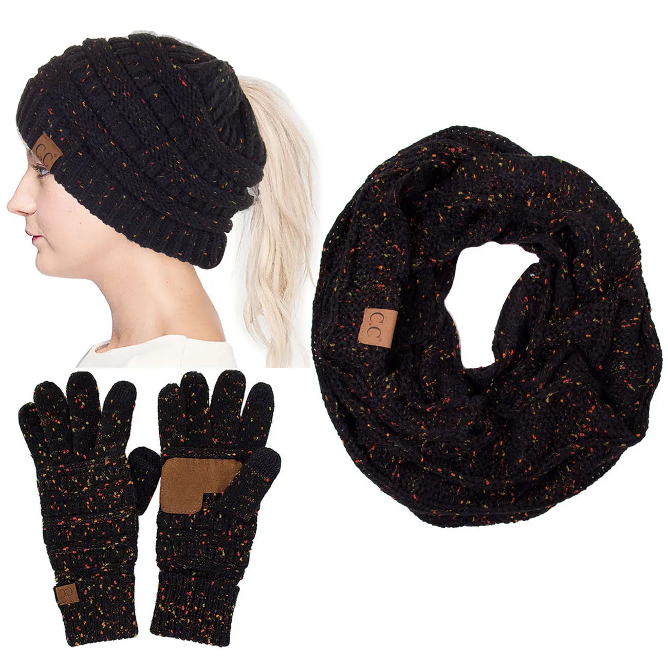 C.C 3pc SET Ponytail Messy Soft Warm Soft Knit Beanie Gloves Scarf