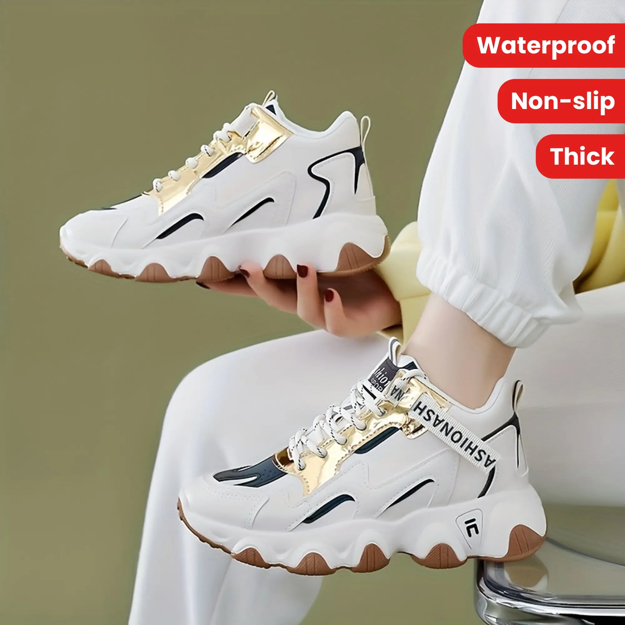 Women's Thick Sole Non-slip Thermal Waterproof Colorblock Lace-up Chunky Sneakers