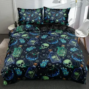 2/3pcs 3D Print Dark Magic Potion Skull Duvet Cover Set Deep Blue Base Fluorescent Green Skeleton Glass Bottle Burning Cauldron Blue Crystal Moon Star Pattern Bedding Set Gothic Mystical Calm Comforter Cover Set (Size 135x200 Only 1 Pillowcase)