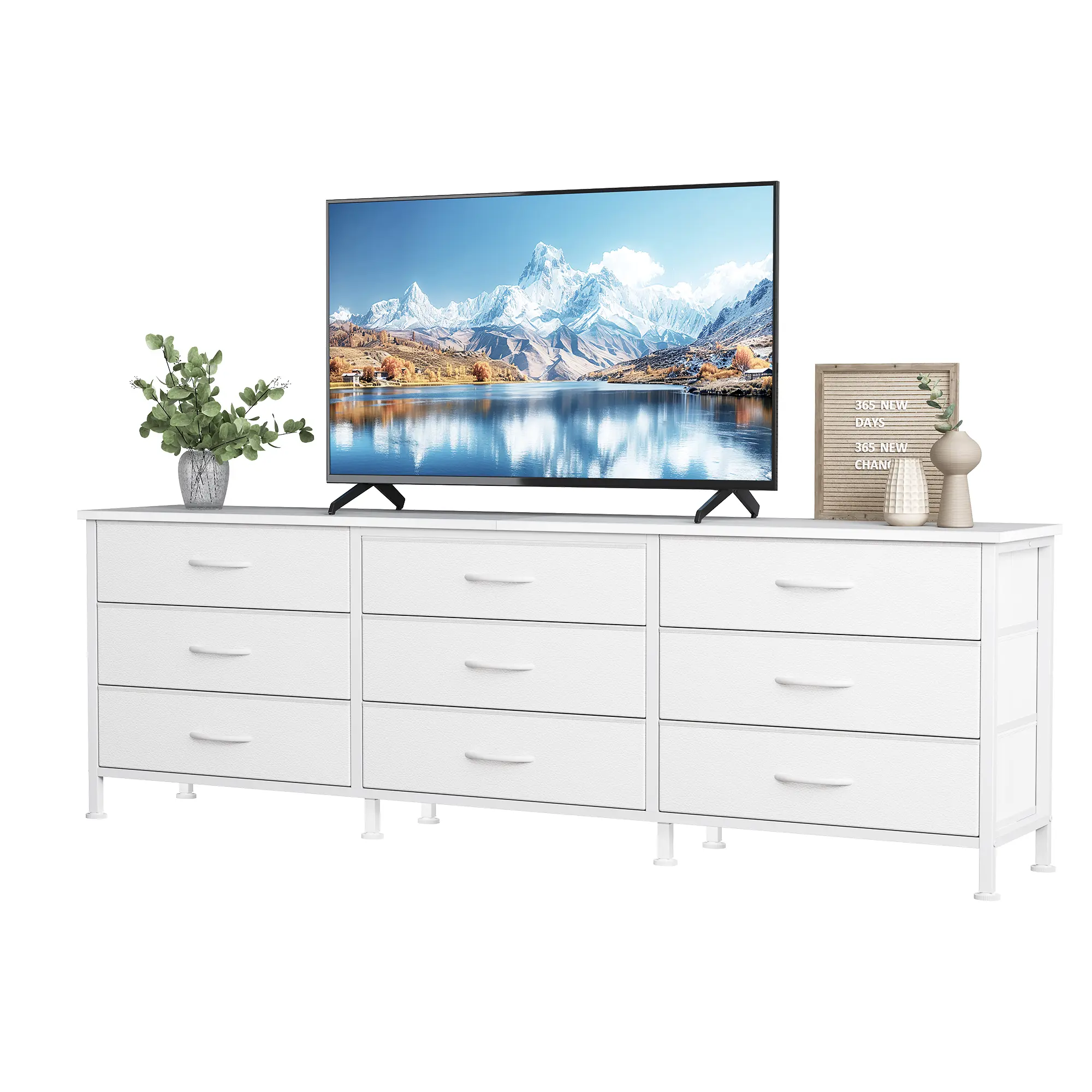White TV Stand Dresser - Fabric Television Console Table with 9 Deep Drawers, 75-in Stable Metal Frame Cabinet, Adjustable Feet, 63×13.8-in Desktop for Living Room, Bedroom