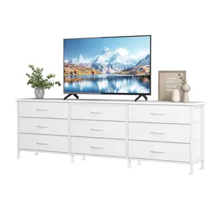 TV Stands for Living Room Furniture with 9 Fabric Drawers, Long Entertainment Center Up to 75 Inch TV, Media Console Table with Storage for Bedroom, Adjustable Feet, White.
