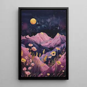 Celestial Moon & Mountain Wall Art – Pink Purple Mountainscape Print – Floral Golden Moon Poster – Dreamy Nature Room Decor – Unframed Art Print, 5 size, 8x12 to 27x40 inch