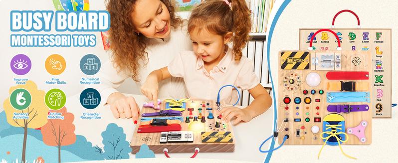Hoarosall 23 in 1 Toddler Busy Board Montessori Toys for 1-3 Year Olds with 15 Switches 26 LED Lights Music Box Locks Zippers Sensory Playset for Infants Hoarosall 23 in 1 Toddler Busy Board Montessori Toys for 1-3 Year Olds with 15 Switches 26 LED Lights Music Box Locks Zippers Sensory Playset for Infants