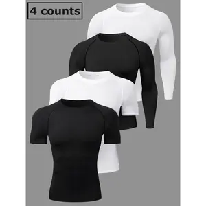Men's Plain Round Neck Sports Tee, 2 Counts Short Sleeve Top & 2 Counts Long Sleeve Top, Quick Drying Breathable T-shirt, Compression Shirts, Back To School Outfits, Outfits 2024, Gym Clothing