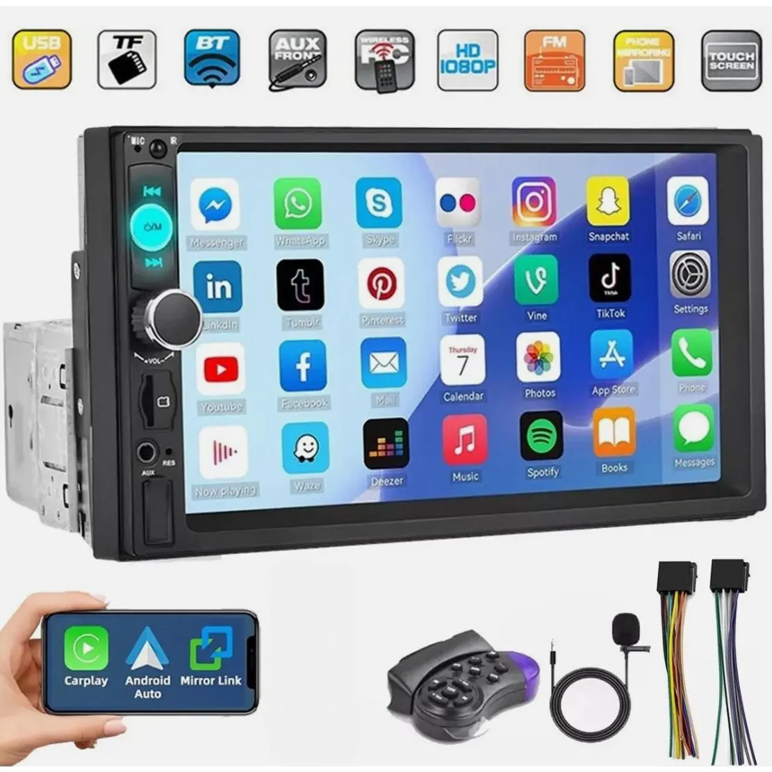 Single Din 7 Inch Touchscreen Car Radio Stereo, Bluetooth GPS Head Unit with Apple CarPlay & Android Auto