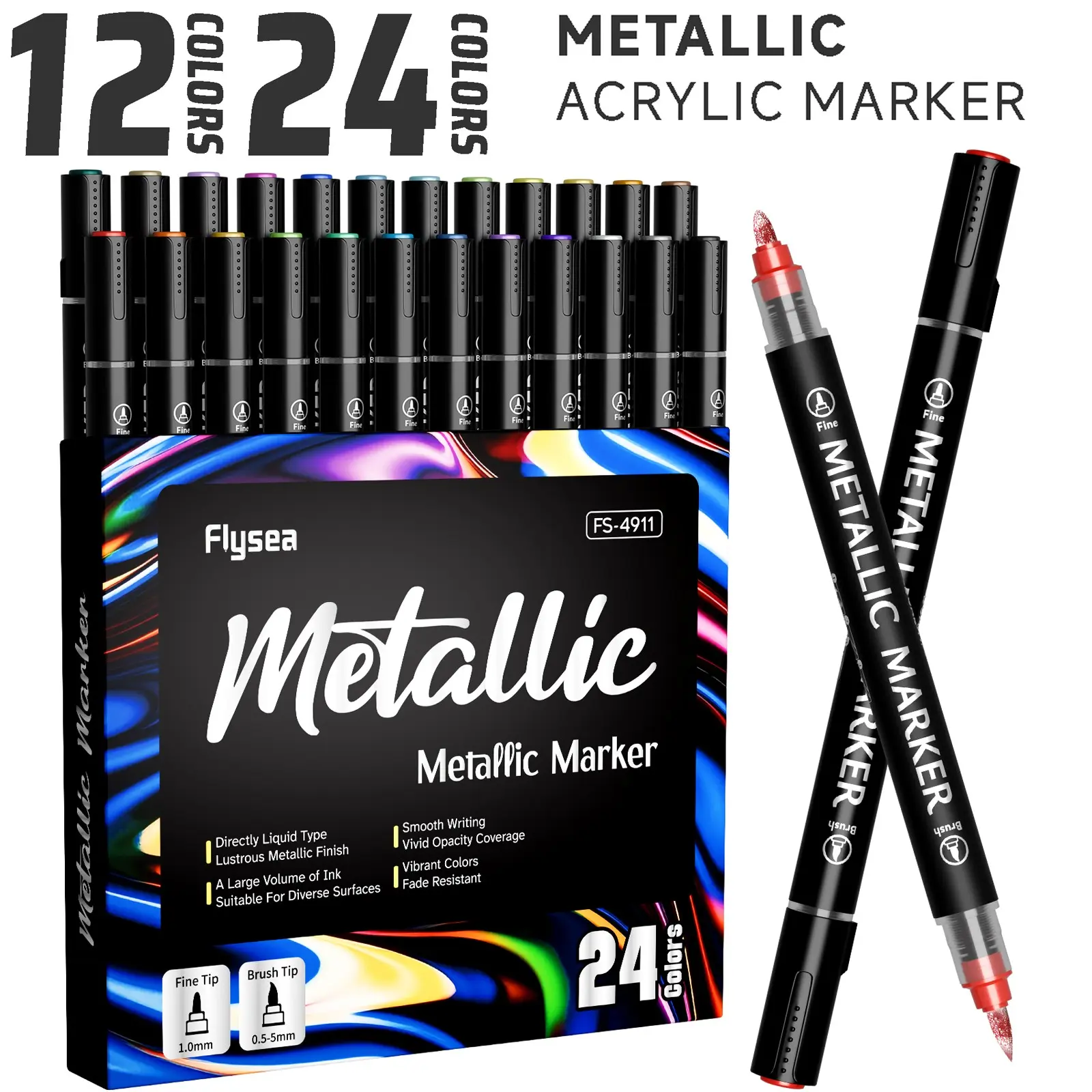 Flysea Dual Color Metal Acrylic Markers Set, Drawing Markers, Markers for Coloring, 12/24 Pieces, Professional Art Supplies, Suitable for Wood, Glass, Metal, Ceramic, Plastic, Fabric