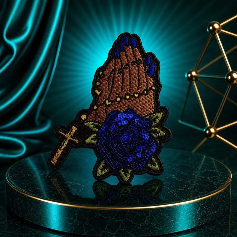 Iron-On Praying Hands Applique Patch With Sequin Flowers, Embroidery Trim for Women's Tops, Sweatshirts, Pullovers