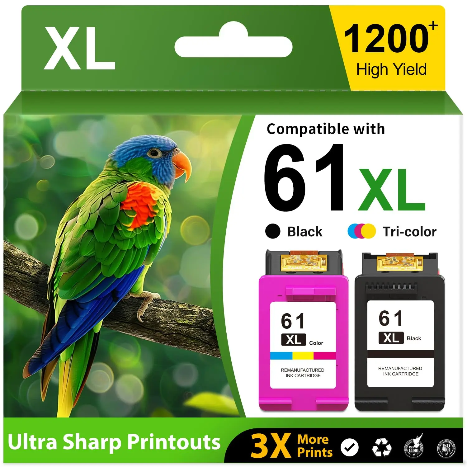61XL Ink Cartridges Replacement for HP 61 Ink Cartridges Combo Pack High Yield for HP Ink 61 for HP61XL for Envy 4500 5530 4502 OfficeJet 4630 Deskjet 2540 3510 Printer Black Color 2-Pack