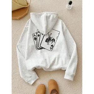 Fleece Hoodie with Print, Graphic Print Hoodie, Casual Loose-Fit Long Sleeve Pullover for Fall & Winter, Trendy Poker Design Sweatshirt