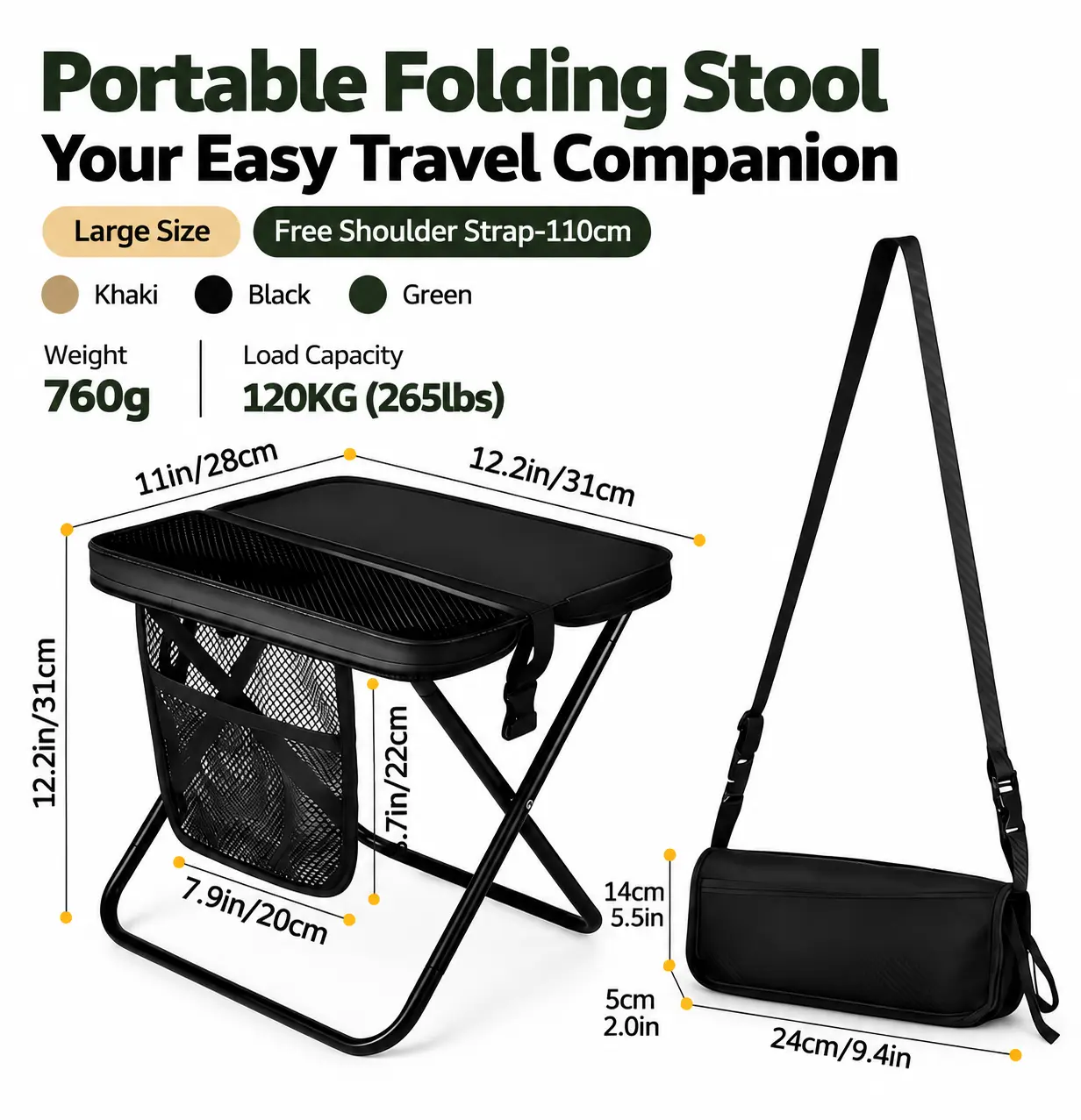 Lightweight Foldable Seat Stool - Rectangle Camping Furniture, Portable Foldable Chair, Backpack-Ready, Quick Fold & Go, Adjustable Shoulder Strap, Compact Design, Storage Bag, Ideal for Camping (For Adults)