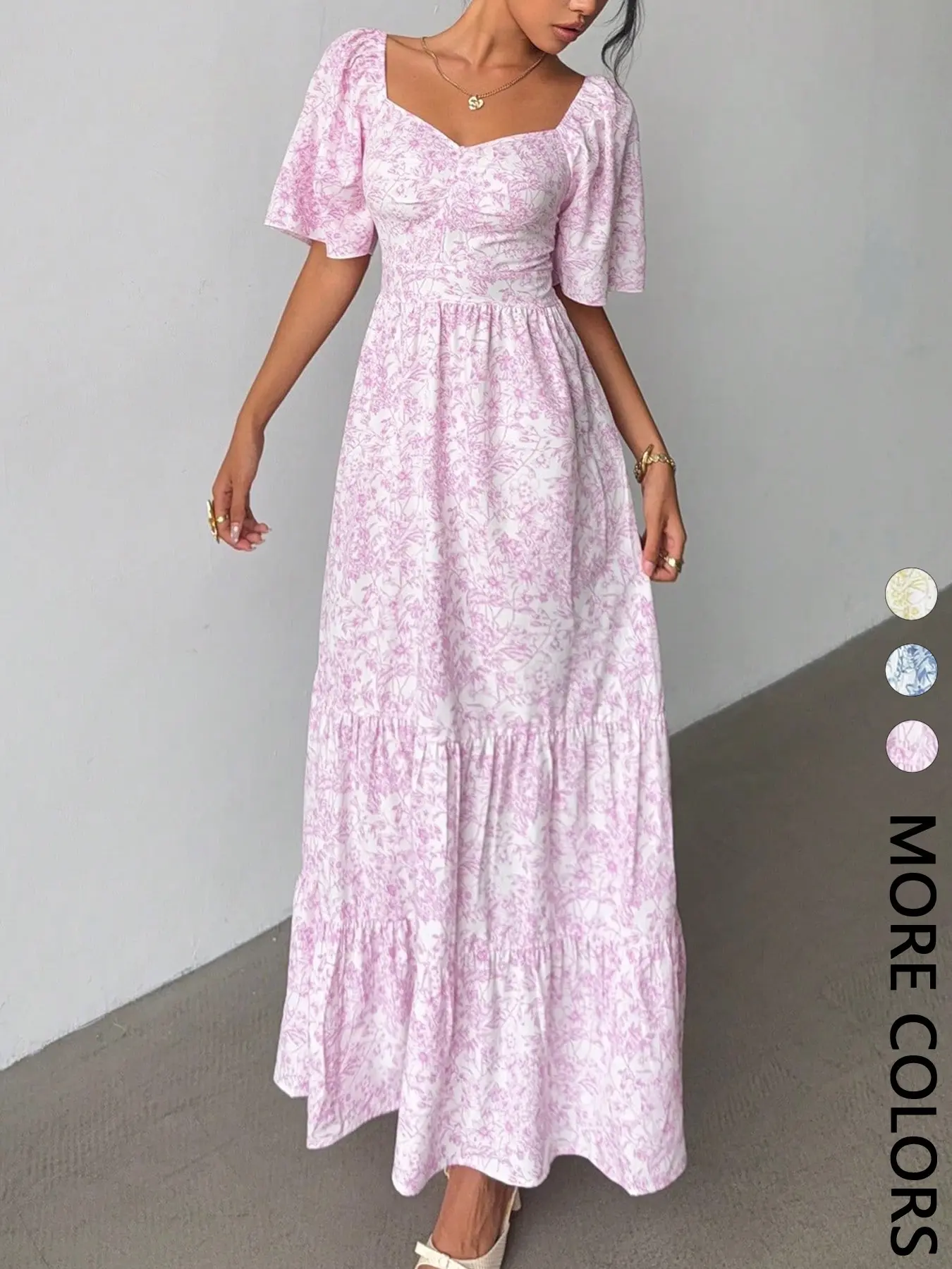 1 Piece Women's Summer Pink Floral Puff Sleeve Tiered Maxi Dress, Flowy Casual Sundress for Vacation, Boho Summer Holiday, Boho Style French Vintage, Bohemian