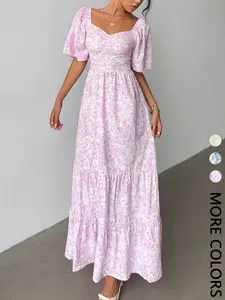 1 Piece Women's Summer Pink Floral Puff Sleeve Tiered Maxi Dress, Flowy Casual Sundress for Vacation, Boho French Vintage