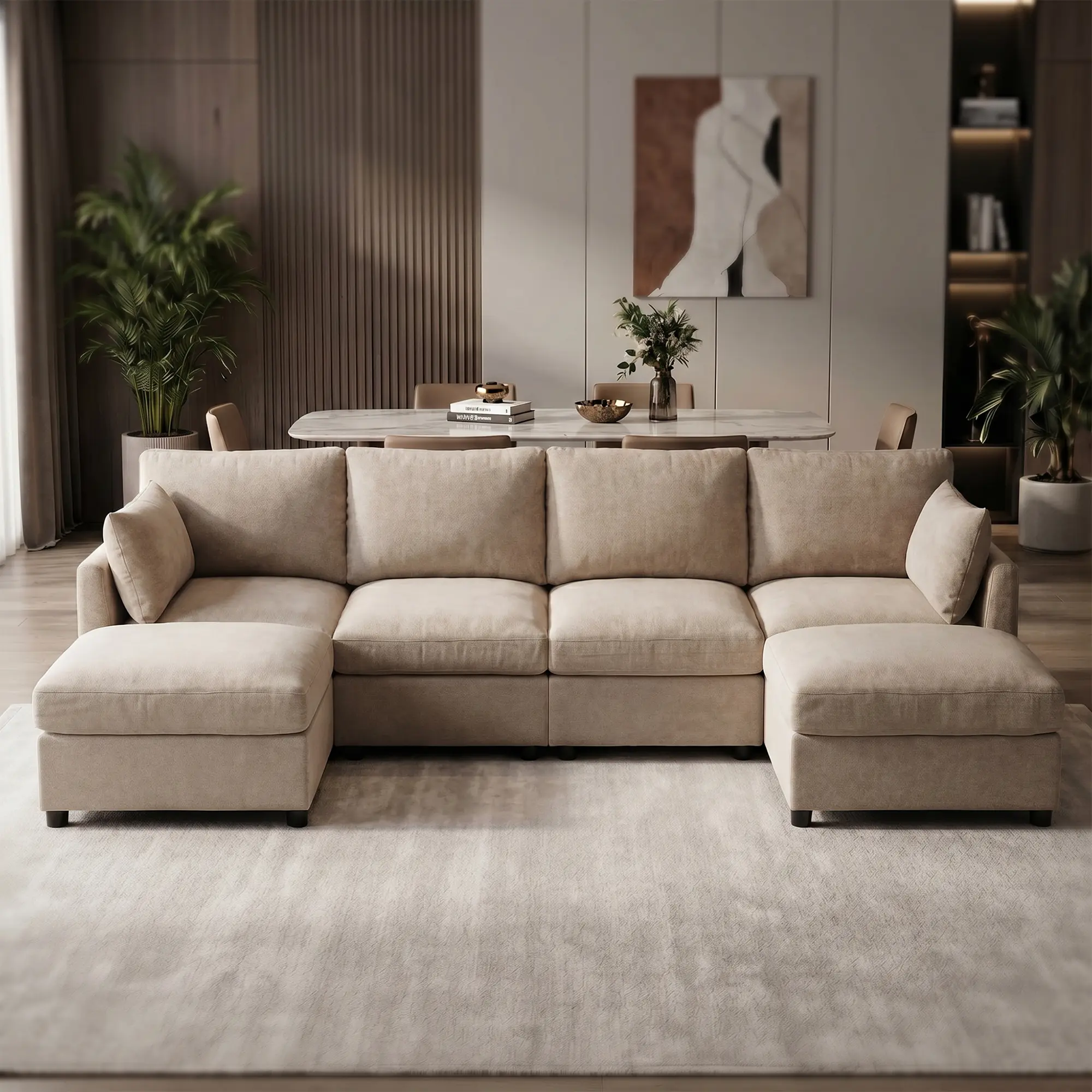 Tbfit U-Shaped Configurable Sectional Cloud Sofa, 4-Seater Chenille Sectional Couch with 2 Movable Ottomans, Spring Cushions, Deep Seat, Indoor Living Room 4-Seater Sofas & Couches, Khaki, dorm essentials,home decor