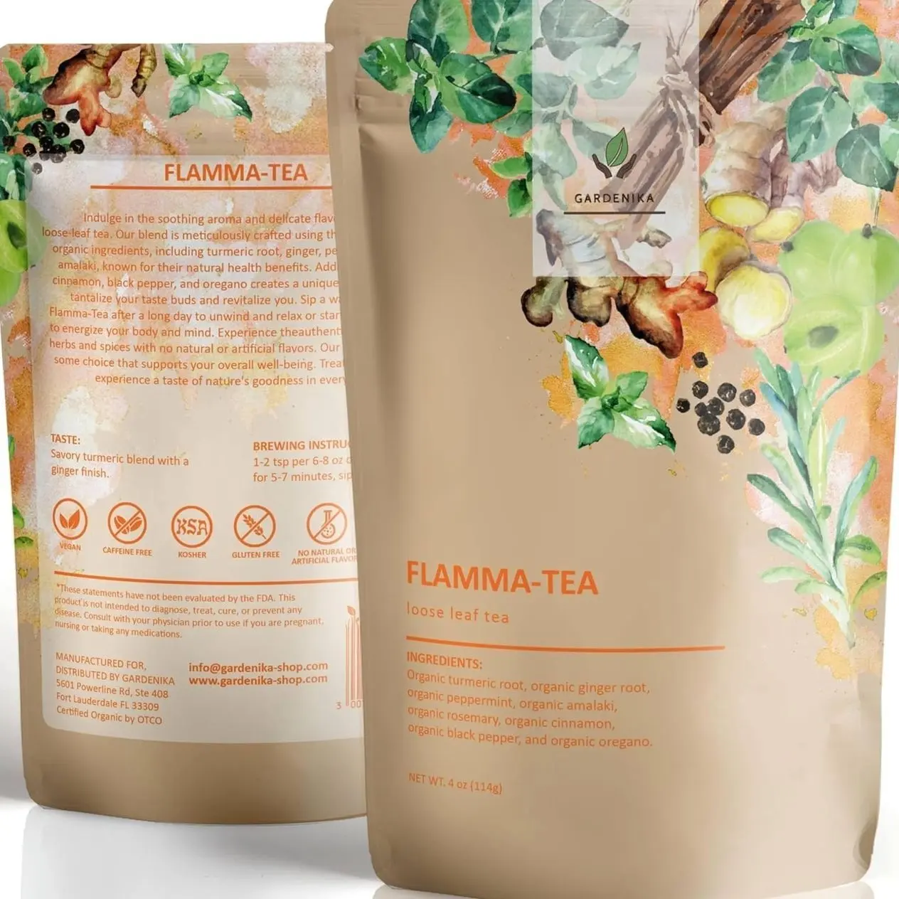 Gardenika Organic Flamma-tea Loose Leaf Tea | Premium Turmeric Ginger Blend with Cinnamon, Peppermint & Black Pepper | 100% Natural, Caffeine Free Herbal Wellness Tea | 4oz (113g)