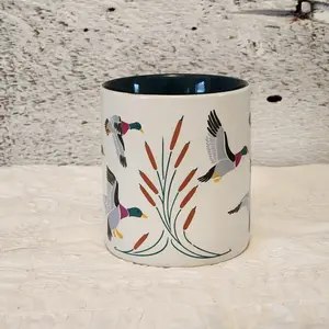 Vintage Mallard Duck Ceramic Mug, Made in Korea, Off White with Dark Green Interior