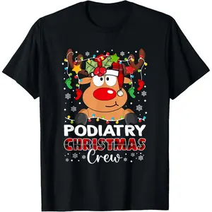 Podiatry Christmas Crew Reindeer Face Red Plaid Podiatrist T-Shirt, 100% Cotton, Single Side Printed, Black Short Sleeve T-shirt, 1 pc, Christmas Halloween Thanksgiving Gift