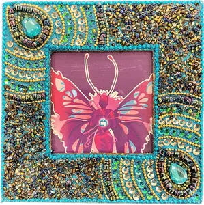5x5 Peacock Beaded Photo Frame in Purple
