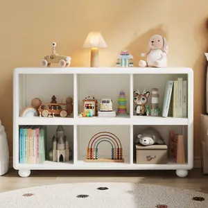 ONBRILL Wooden Bookcase with 6 Cube Storage, Kids Bookshelf with Sphere Foot, Sturdy Toy Storage Organizer, Safe Rounded Corners Bookcase for Living Room, Playroom, Nursery【BlackFridayDeal】