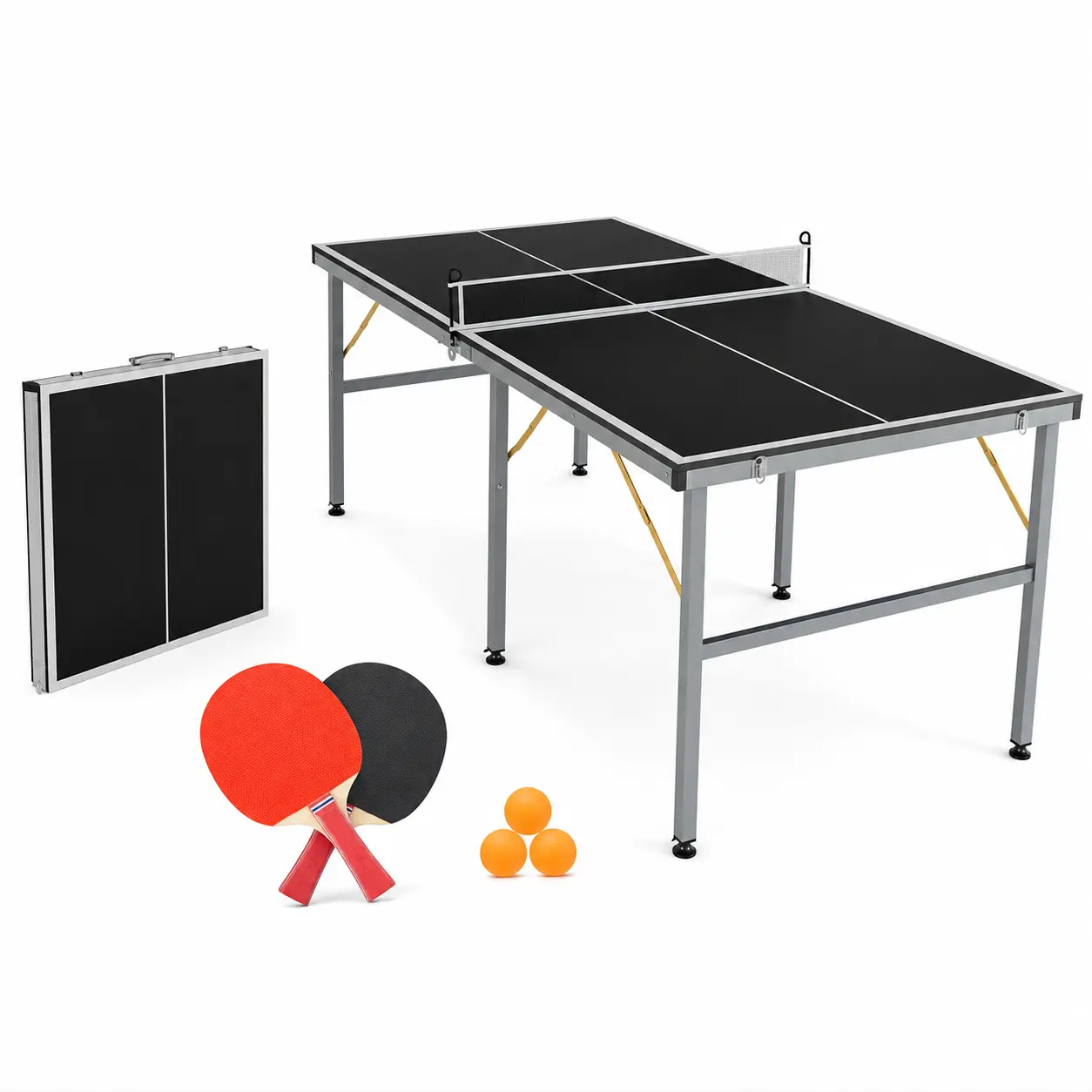 Garvee 6x3 ft Portable Folding Ping Pong Table Set, Space-Saving Mid-Size Indoor Table Tennis Table with 12mm MDF Top, Compact Suitcase Style Foldable Design with Carry Handle, Easy Setup, Includes Net, 2 Paddles & 3 Balls for Family Rec Rooms