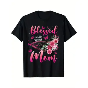 [100% Cotton] 100% CottonMen'S White & Black Blessed Mom Graphic T-Shirt - Floral Print with Pink Flowers & Cursive Lettering, Casual Round Neck Short Sleeve Shirt for Mother'S Day Gifts, Comfortable Casual Attire, Ideal for Moms & Grandmas (Adult Sizes A
