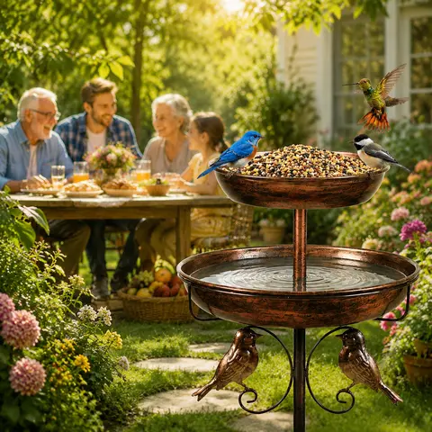 45-Inch Heavy-Duty Metal Double-Layer Outdoor Bird Feeder Tub, 10.8ft Height, 5-Claw Stable Base, Easy-Clean Basin, Large Capacity Design, Water Feeding Function, Durable Courtyard Decoration, Easy to Install Bird Supply