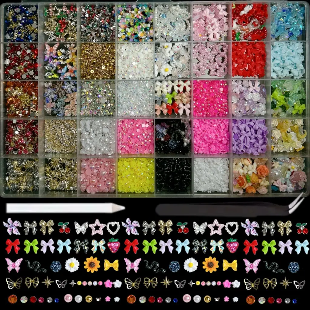 1Box Multiple style Colorful Bow Flower Butterfly Resin Nail Charms Mini Semi-circular Pearl Steel Bead Rhinestone Mixed Decoration DIY Hairpin Phone Cases Nail Art Supplies Nail Rhinestones Nail Accessories Bling rhinestone