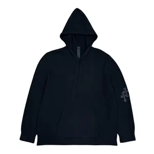 Women's Cashmere Hooded Sweatshirt - Casual Long-Sleeve Top with Chrome Hearts Leather Cross Patch, Black Womenswear