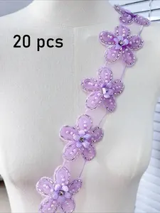 20pcs Mesh Flower Pearl Beaded Dress Decoration DIY Lace Trim Accessories, Elegant Floral Design for Clothing & Garment Crafting