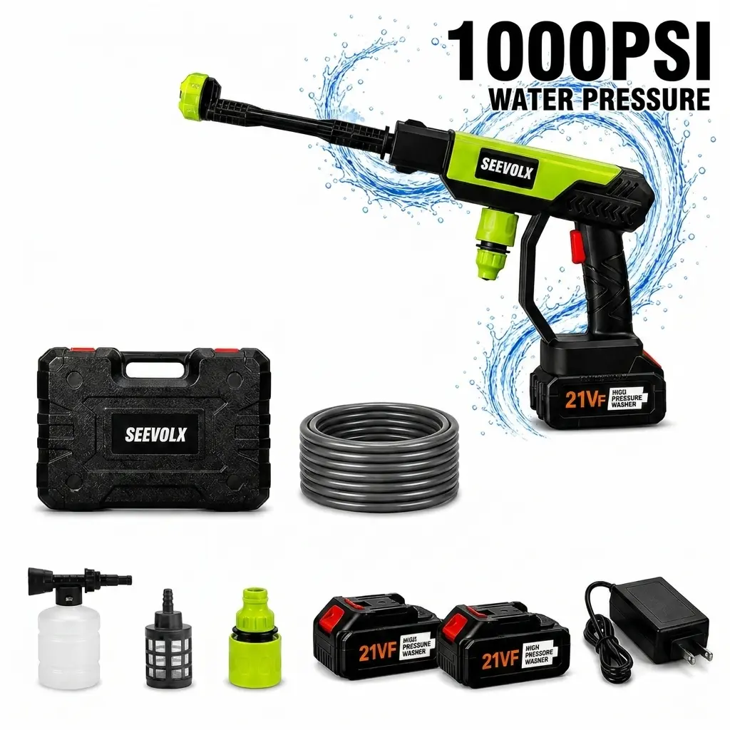 SEEVOLX 21V Battery-Powered Portable Pressure Washer with Batteries, Easy Maneuverability, Ideal for Car, Garden Fence, Home Surface Cleaning