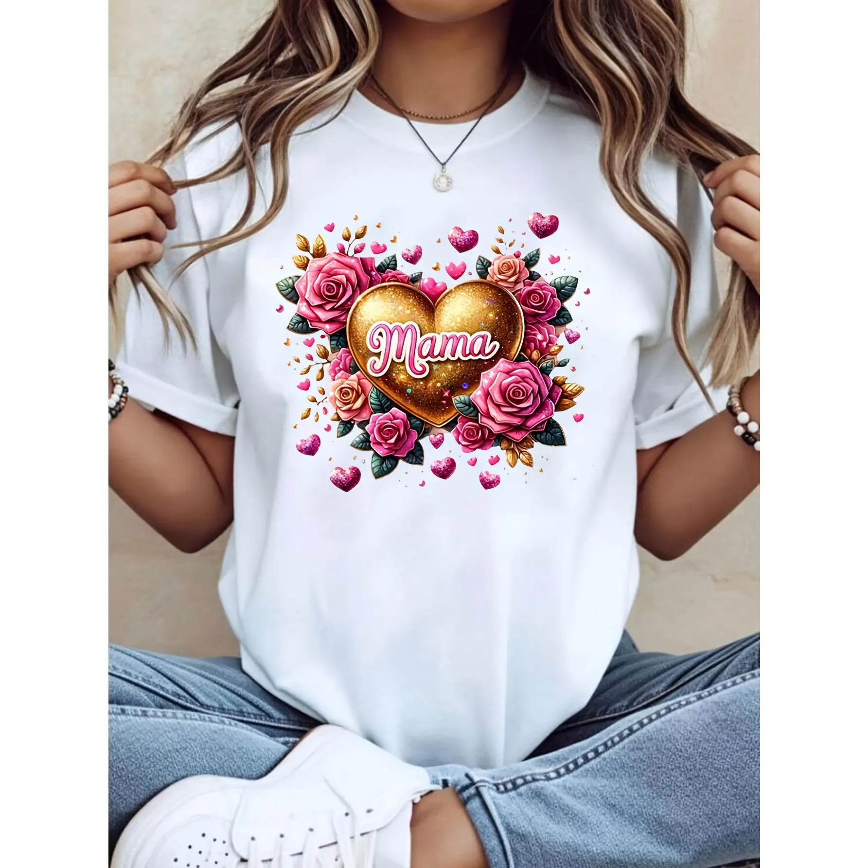 Women's T-Shirt, Floral Heart Mama Print, Mother's Day Gift, For Mom