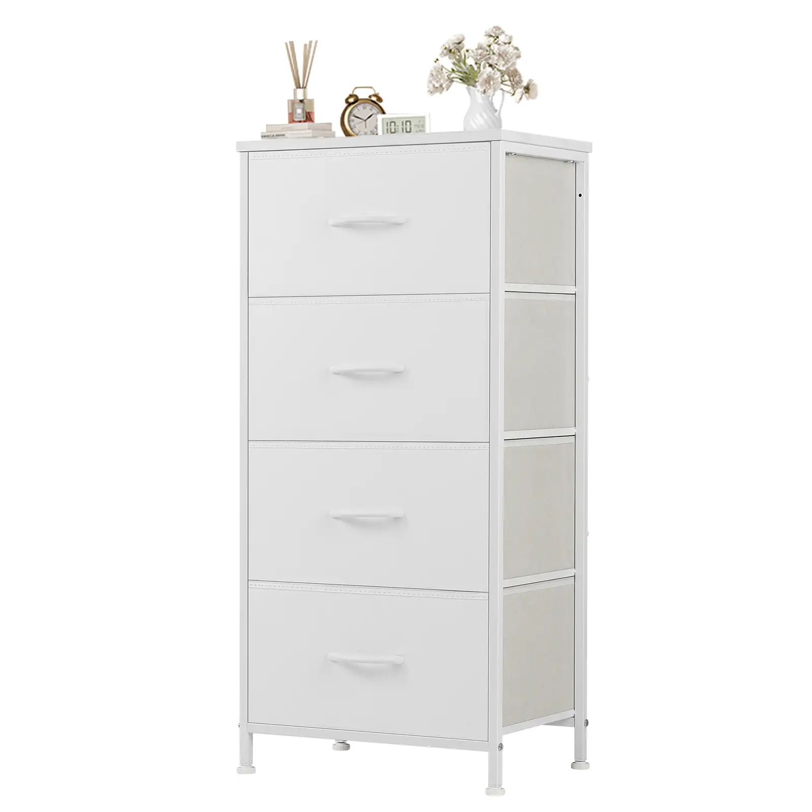 4-Drawer Skinny Fabric Dresser for Bedroom - Storage Tower with Wooden Top, Organizer Unit for Closet, Living Room, and Entryway
