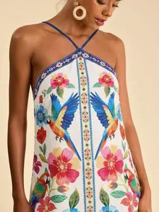 Travachic Women's Palm Tree Print Halter Neck Elegant Vacation Dress,Summer Dress,Summer Outfits,Summer Dresses For Women,Beach Outfits For Women,Beach Vacation Outfits For Women,Vacation Outfits Women, Casual Dresses For Women