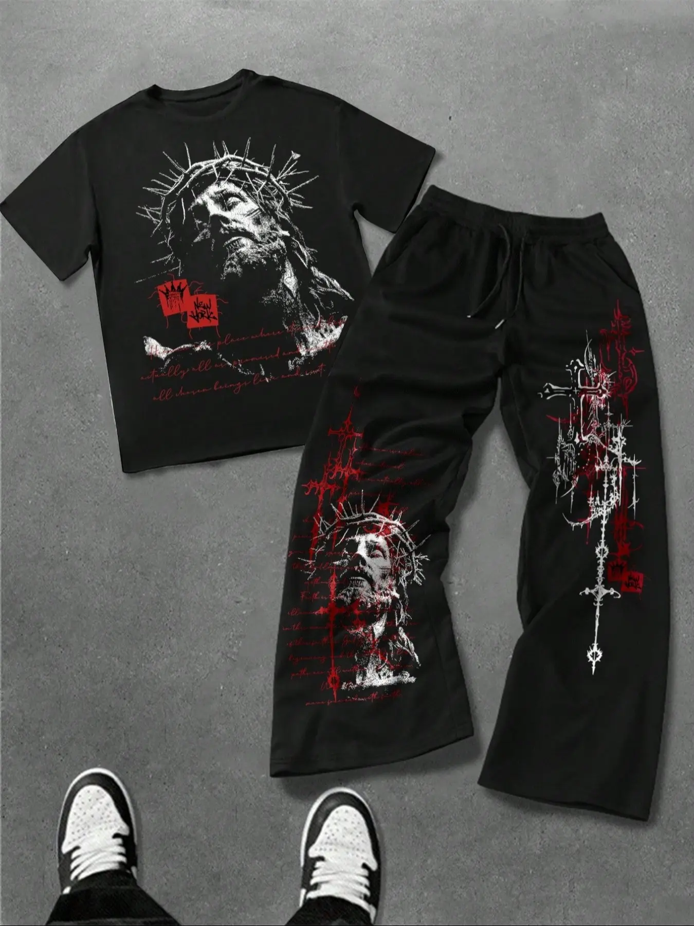 Men's Fashion Casual Loose Two-Piece Set, Jesus & Cross Graphic Print Round Neck Short Sleeve T-Shirt Fabric and Drawstring Wide Leg Trouser Pants Clothes
