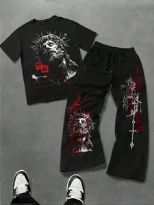Men's Fashion Casual Two-Piece Set, Jesus & Cross Print Round Neck Short Sleeve T-Shirt and Drawstring Wide Leg Pants